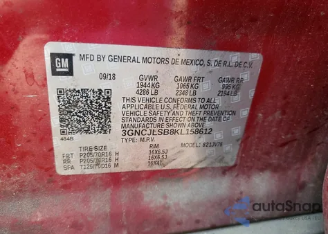 2019 Chevrolet Trax 1Lt z USA, uszkodzony, nr VIN 3GNCJLSB8KL158612